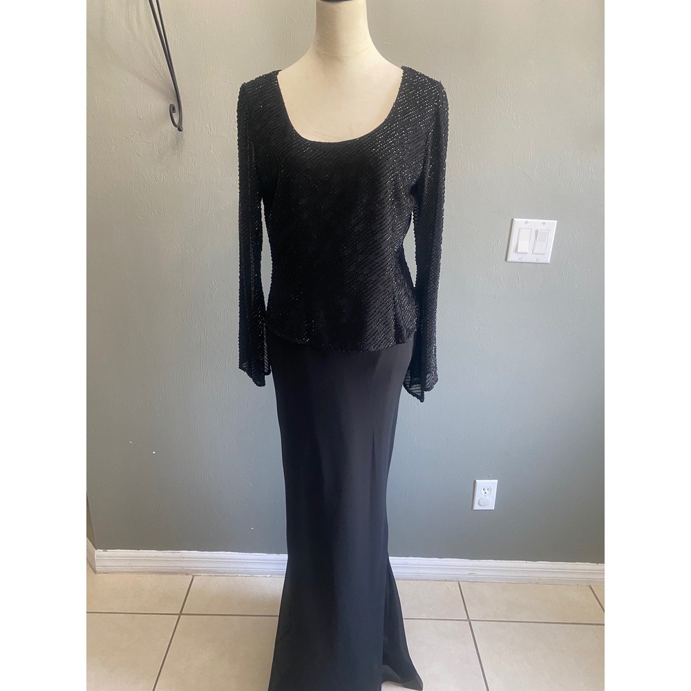 JKara New‎ York Black Beaded Long Sleeve Evening Gown Formal Dress Womens 8